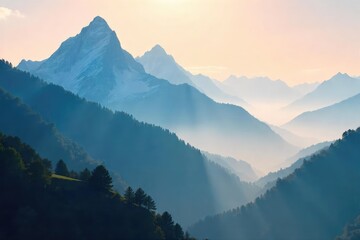 Misty mountain peaks shrouded in ethereal smoke, creating a mystical and serene landscape Sunlight filters through the haze, illuminating the rugged terrain , view, high