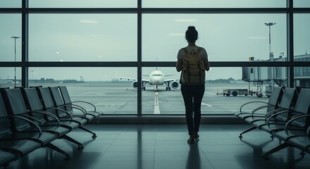 A traveler with a backpack stands at an airport terminal window, gazing at a parked airplane on the tarmac.