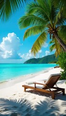 Relaxing on a tranquil island, surrounded by crystal-clear turquoise water and gently swaying palm trees, a comfortable deckchair awaits Escape to paradise , tropical, sky, hot