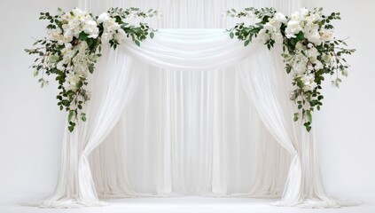 Elegant white wedding arch adorned with floral arrangements and sheer fabric drapes