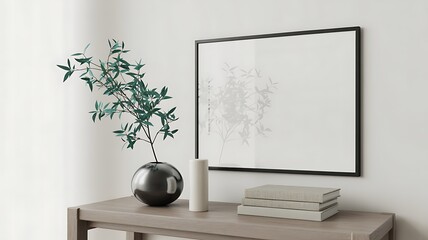 Elegant Home Interior with Minimalist Decor Plant Art and Books on a Wooden Table Against a White Wall