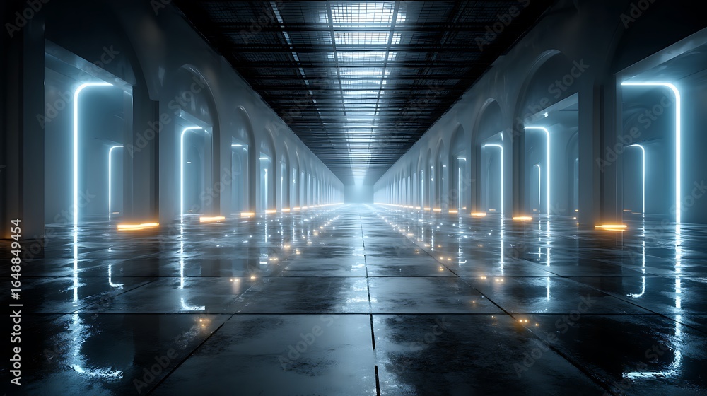 Aufkleber modern high-tech data center interior with glowing server racks, futuristic blue lighting, perspecti