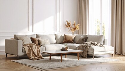 Serene modern living room with plush sectional sofa, textured throws, and warm natural light.
