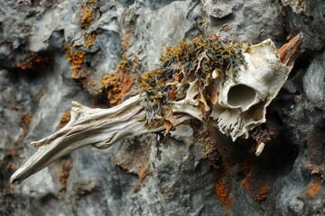 A weathered skull, adorned with seaweed, rests on a rough, textured rock face.
