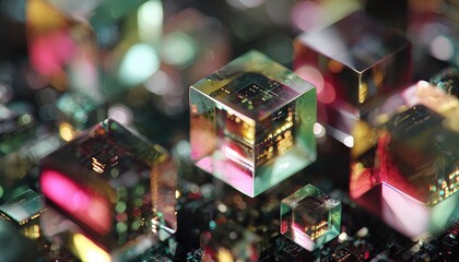 Multicolored, translucent cubes in a dense network