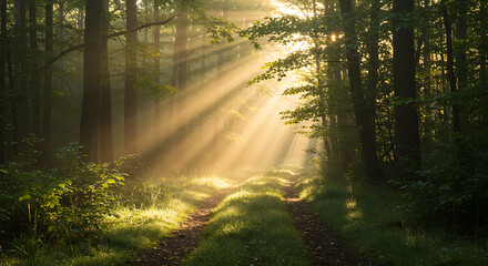 Sunlight streams through the forest canopy, illuminating a path through the trees.