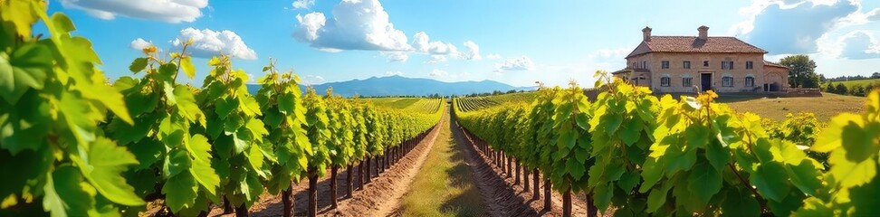 Naklejka premium Sun-drenched rows of grapevines stretching to a rustic winery building under a clear blue sky A picturesque vineyard scene perfect for wine labels and tourism brochures , nature, grapes, summer