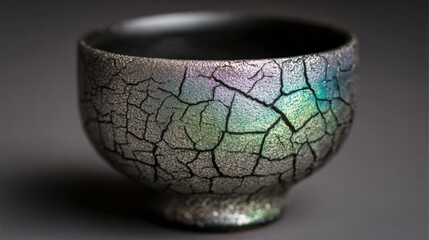 A ceramic bowl with a dark glossy interior rests on an aged textured base,