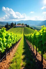 Fototapeta premium Sun-drenched vineyard rows stretch towards a picturesque winery, rolling hills and clear blue sky forming a stunning backdrop Ideal for wine tasting, tourism, and travel brochures , brown, spring