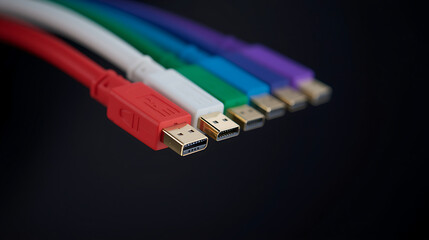 The macro shot shows multiple DisplayPort cables, with a sharp focus on the front red connector, and other connectors gradually blurring against a dark gradient background.