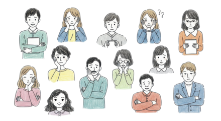 Diverse people express worry, confusion, and concern with expressive hand gestures and facial cues.