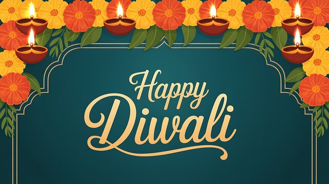 Happy diwali greeting with floral border and diyas