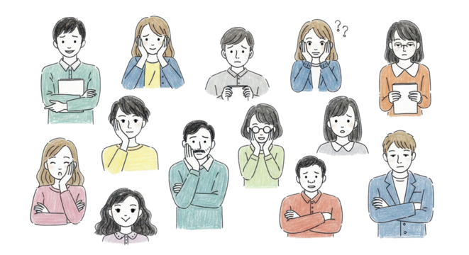 Diverse people express worry, confusion, and concern with expressive hand gestures and facial cues.