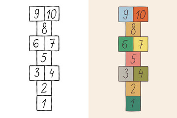 Cute Hopscotch Game Drawing Set. Hop Scotch Chalk Design for School or Street Play. Hand Drawn Vector Illustration