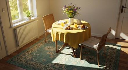 穏やか陽光降り注ぐ、朝食のテーブル 静かな朝 幸せな時間. AI Generated