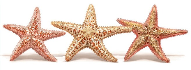 Three starfish, light peach, tan, and gold, set against white background