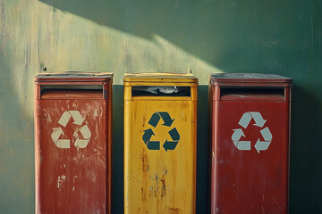 Trio of recycling bins in vivid colors standing against a textured background