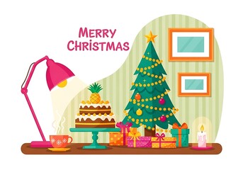Merry christmas with tree, gifts, cake, and lamp isolated on white background