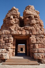 Ancient stone archway, two carved faces