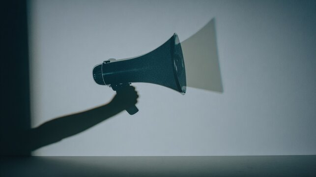 A hand holds a megaphone in a dimly lit setting, casting a dramatic triangular shadow to the right,