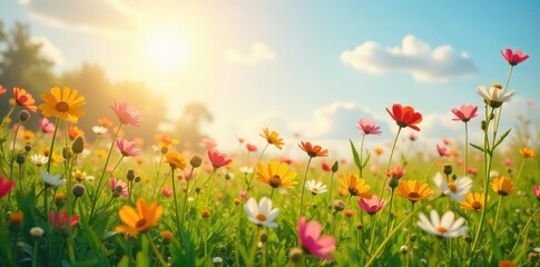 A sun-drenched field of wildflowers swaying gently in the breeze, embodying carefree joy and natural beauty Perfect for themes of serenity, optimism, and vibrant springtime , peaceful, delight