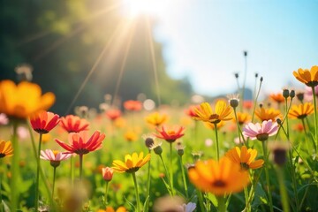 Obraz premium A sun-drenched field of vibrant wildflowers swaying gently in a warm breeze, embodying the pure joy and simple beauty of nature's happiness , breeze, botany