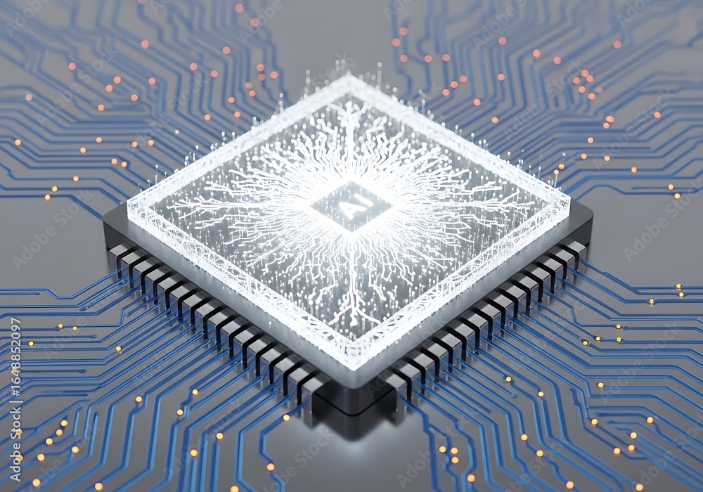 Poster glows with ai intelligence, a futuristic microchip powering digital innovation on circuit board line