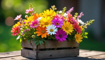 A vibrant bouquet of fresh, colorful wildflowers in a rustic wooden crate, bathed in soft sunlight Perfect for spring, summer, or floral themes , petals, pollen, delicate
