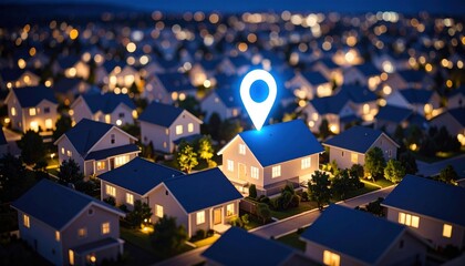 House location influences real estate value with pinpoint address markers, highlighting property access within vibrant suburban neighborhoods and residential communities at night