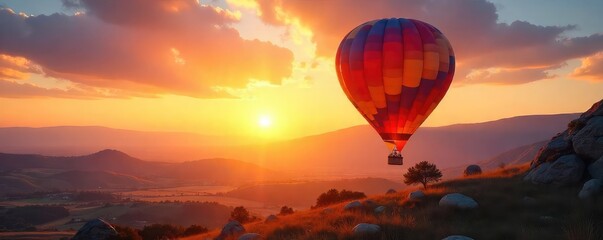 A vibrant hot air balloon ascends gracefully against a breathtaking sunrise, casting long shadows across a serene landscape  The basket hangs gently, ready for adventure ,  vibrant,  elevation,  view