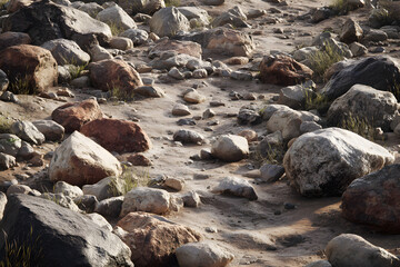 Fototapeta premium Exploring the Stark Beauty and Geological Features of a Dry Riverbed Filled with Diverse Rocks and Pebbles in a Natural Setting