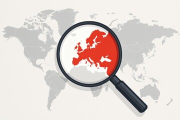 Europe Under the Magnifying Glass: An abstract image of the European continent, emphasized through a magnifying glass placed over a world map, symbolizing focus and analysis.