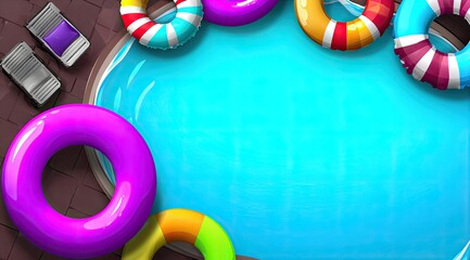 Top-down view of a swimming pool with colorful inflatable rings and lounge chairs