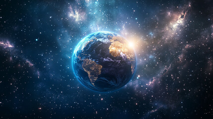 A view of Earth from outer space during sunrise, with the sun’s light emerging from behind the planet, surrounded by countless stars in the beautiful expanse of space.