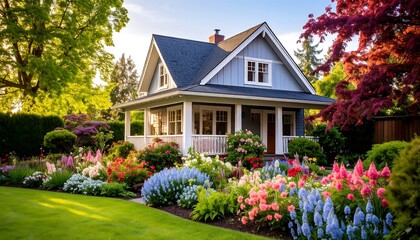 Charming bungalow, vibrant flower garden, lush green lawn