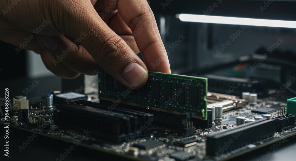 Poster hand installing ram memory into a computer motherboard close up.
