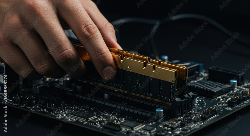 Poster hand installing ram memory module into a computer motherboard close up.