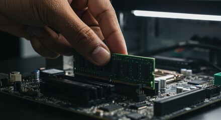 Hand installing ram memory into a computer motherboard close up.