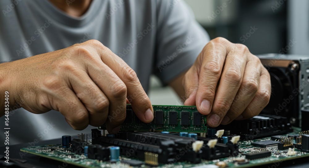 Aufkleber person installing ram module into a computer motherboard close up view.