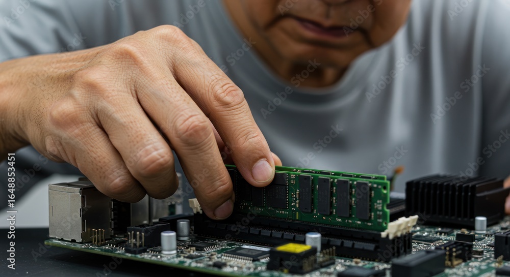 Poster person installing ram memory module into a computer motherboard close up.