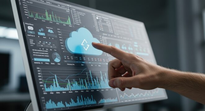 Hand touches screen displaying cloud computing data and charts in an office.
