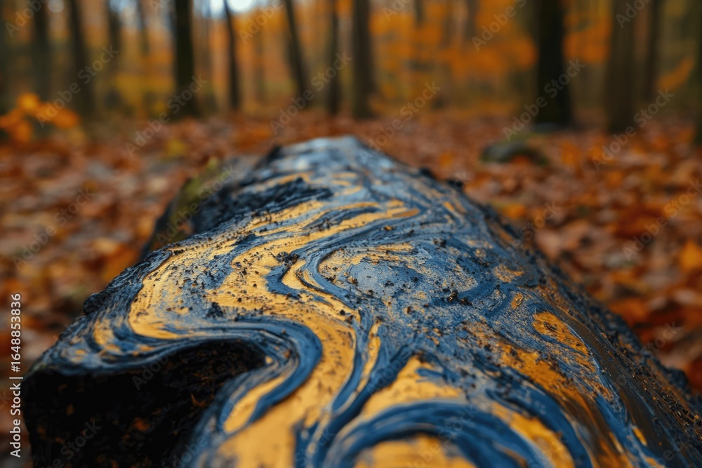 Poster close-up of a log in an autumnal forest, showing intricate patterns of dark and gold colors.