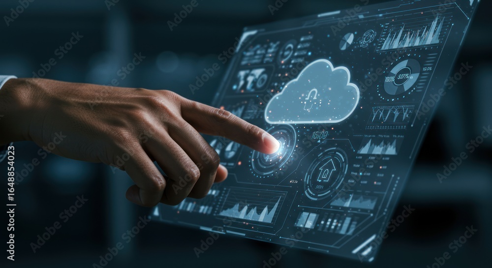 Poster Hand touches transparent screen with cloud and data visualizations in a dark setting.