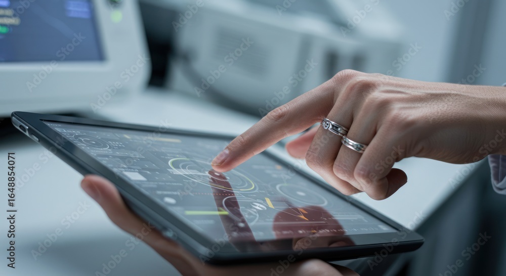 Poster hand touching a tablet screen displaying data in a bright modern setting.