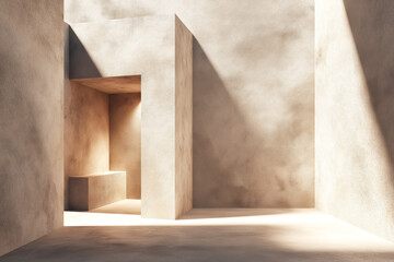 Minimalist architectural concrete structure with sunlight and shadows
