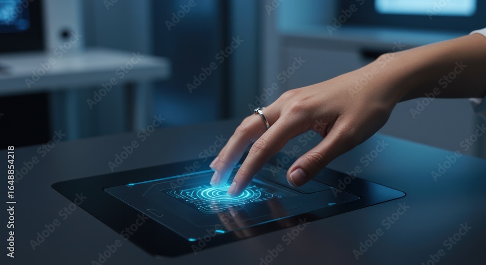 Poster hand touching a digital screen displaying a glowing interface on a dark surface.