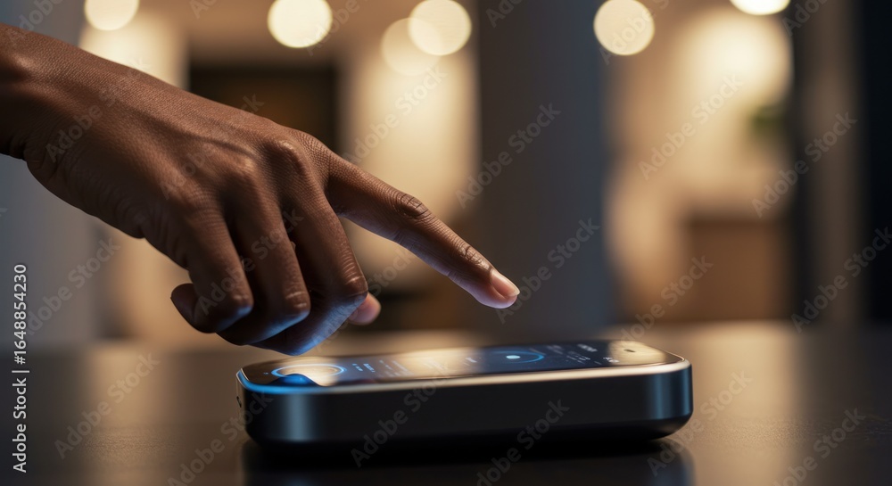 Poster hand presses button on a small device on a table indoors.
