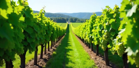 Naklejka premium Rows of lush green grapevines stretching across a sunny vineyard, ready for harvest The vibrant foliage and perfectly formed grapes are a testament to meticulous winemaking , foliage, leaves, wine
