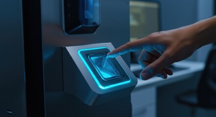Hand interacting with a futuristic biometric scanner on a metallic surface.