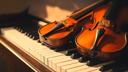 Fototapeta premium Elegant arrangement of classical instruments, violin and piano keys glowing with timeless musical charm.